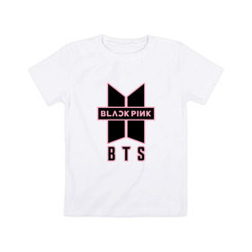 Детская футболка хлопок с принтом BTS and BLACKPINK , 100% хлопок | круглый вырез горловины, полуприлегающий силуэт, длина до линии бедер | bangtan boys | black | blackpink | bt21 | bts | k pop | pink | rose | блек пинк | блекпинк | блэк пинк | блэкпинк | бтс