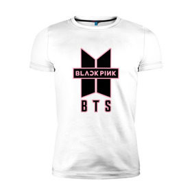 Мужская футболка премиум с принтом BTS and BLACKPINK , 92% хлопок, 8% лайкра | приталенный силуэт, круглый вырез ворота, длина до линии бедра, короткий рукав | bangtan boys | black | blackpink | bt21 | bts | k pop | pink | rose | блек пинк | блекпинк | блэк пинк | блэкпинк | бтс