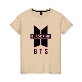 Женская футболка хлопок с принтом BTS and BLACKPINK , 100% хлопок | прямой крой, круглый вырез горловины, длина до линии бедер, слегка спущенное плечо | bangtan boys | black | blackpink | bt21 | bts | k pop | pink | rose | блек пинк | блекпинк | блэк пинк | блэкпинк | бтс