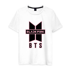 Мужская футболка хлопок с принтом BTS and BLACKPINK , 100% хлопок | прямой крой, круглый вырез горловины, длина до линии бедер, слегка спущенное плечо. | bangtan boys | black | blackpink | bt21 | bts | k pop | pink | rose | блек пинк | блекпинк | блэк пинк | блэкпинк | бтс