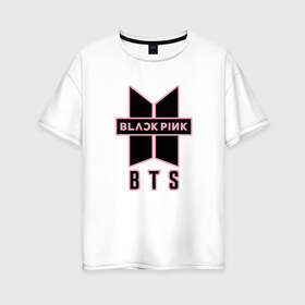 Женская футболка хлопок Oversize с принтом BTS and BLACKPINK , 100% хлопок | свободный крой, круглый ворот, спущенный рукав, длина до линии бедер
 | bangtan boys | black | blackpink | bt21 | bts | k pop | pink | rose | блек пинк | блекпинк | блэк пинк | блэкпинк | бтс