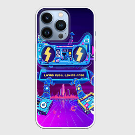 Чехол для iPhone 13 Pro с принтом RETRO ROBOT CAT ,  |  | Тематика изображения на принте: bright | colorful | cool | disco | music | music lover | retro | speaker | tape recorder | technique | vintage | винтаж | динамик | диско | магнитофон | меломан | музыка | неон | разноцветный | ретро | техника