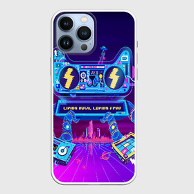 Чехол для iPhone 13 Pro Max с принтом RETRO ROBOT CAT ,  |  | Тематика изображения на принте: bright | colorful | cool | disco | music | music lover | retro | speaker | tape recorder | technique | vintage | винтаж | динамик | диско | магнитофон | меломан | музыка | неон | разноцветный | ретро | техника