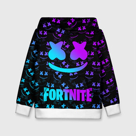 Детская толстовка 3D с принтом FORTNITE x MARSHMELLO NEON  , 100% полиэстер | двухслойный капюшон со шнурком для регулировки, мягкие манжеты на рукавах и по низу толстовки, спереди карман-кенгуру с мягким внутренним слоем | Тематика изображения на принте: 2019 | armor | armour | cybersport | esport | fortnite | game | llama | logo | броня | игра | киберспорт | лама | фиолетовый | фирменные цвета | фортнайт