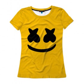 Женская футболка 3D с принтом MARSHMELLO HAPPIER , 100% полиэфир ( синтетическое хлопкоподобное полотно) | прямой крой, круглый вырез горловины, длина до линии бедер | america | dj | marshmello | usa | америка | маршмелло