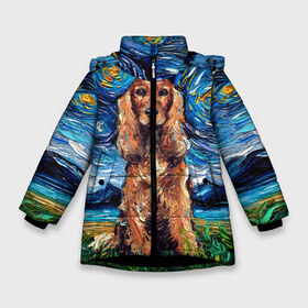 Зимняя куртка для девочек 3D с принтом Кокер-спаниель (Van Gogh style , ткань верха — 100% полиэстер; подклад — 100% полиэстер, утеплитель — 100% полиэстер. | длина ниже бедра, удлиненная спинка, воротник стойка и отстегивающийся капюшон. Есть боковые карманы с листочкой на кнопках, утяжки по низу изделия и внутренний карман на молнии. 

Предусмотрены светоотражающий принт на спинке, радужный светоотражающий элемент на пуллере молнии и на резинке для утяжки. | gogh | van | vincent | willem | ван | винсент | гог | кокер | пёс | постимпрессионизм | собака | спаниель | художник