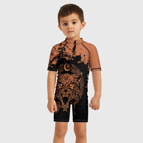 Детский купальный костюм 3D с принтом Фенрир , Полиэстер 85%, Спандекс 15% | застежка на молнии на спине | fenrir | viking | vikings | викинг | викинги | волк | кельтское | оскал | плетение | скандинавы | славяне | собака | фенрир | язычник