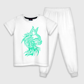 Детская пижама хлопок с принтом Maine Coon , 100% хлопок |  брюки и футболка прямого кроя, без карманов, на брюках мягкая резинка на поясе и по низу штанин
 | cat | chips | cyber cat | cyber light | cyber punk | maine coon | maine coon cat | neon | neon light | xacker cat