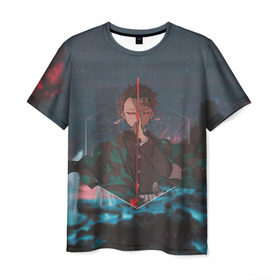Мужская футболка 3D с принтом Танджиро Камадо , 100% полиэфир | прямой крой, круглый вырез горловины, длина до линии бедер | аниме | клинок рассекающий демонов | танджиро камадо