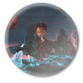 Значок с принтом Танджиро Камадо ,  металл | круглая форма, металлическая застежка в виде булавки | аниме | клинок рассекающий демонов | танджиро камадо