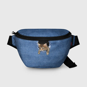 Поясная сумка 3D с принтом Котёнок в рюкзаке , 100% полиэстер | плотная ткань, ремень с регулируемой длиной, внутри несколько карманов для мелочей, основное отделение и карман с обратной стороны сумки застегиваются на молнию | cat | jeans | kitten | джинса | джинсовка | дыра | дырка | кот | котёнок | кошка