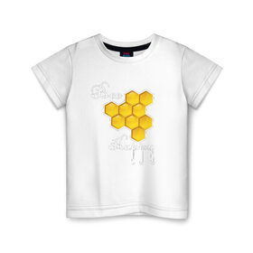 Детская футболка хлопок с принтом Bee happy! , 100% хлопок | круглый вырез горловины, полуприлегающий силуэт, длина до линии бедер | Тематика изображения на принте: be | bee | happy | весело | мед | пчела | соты | счастье