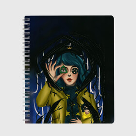 Тетрадь с принтом Coraline , 100% бумага | 48 листов, плотность листов — 60 г/м2, плотность картонной обложки — 250 г/м2. Листы скреплены сбоку удобной пружинной спиралью. Уголки страниц и обложки скругленные. Цвет линий — светло-серый
 | coraline | neil gaiman | тим бёртон