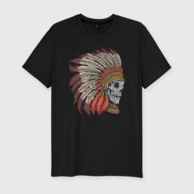 Мужская футболка хлопок Slim с принтом Череп Индеец , 92% хлопок, 8% лайкра | приталенный силуэт, круглый вырез ворота, длина до линии бедра, короткий рукав | indians | skull | индеец | индейцы | череп | черепа