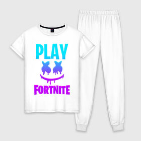 Женская пижама хлопок с принтом FORTNITE x MARSHMELLO , 100% хлопок | брюки и футболка прямого кроя, без карманов, на брюках мягкая резинка на поясе и по низу штанин | fortnite | fortnite x | marshmello | маршмелло | фортнайт