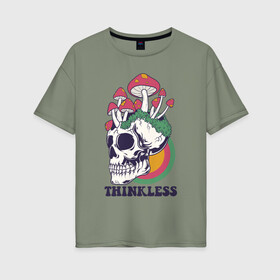 Женская футболка хлопок Oversize с принтом Череп с Грибами , 100% хлопок | свободный крой, круглый ворот, спущенный рукав, длина до линии бедер
 | halloween | skull | грибы | психоделика | с грибами | хеллоуин | хэллоуин | череп | черепа