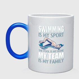 Кружка хамелеон с принтом Swimming is my sport , керамика | меняет цвет при нагревании, емкость 330 мл | dive | diving | swim | swimming | synchronized swimming | водный спорт | дайвинг | плавание | пловец | синхронное плавание | спорт