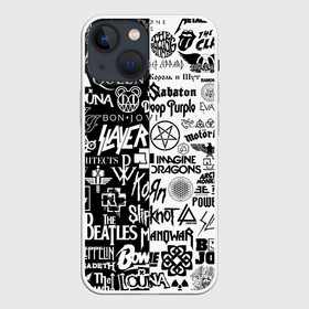 Чехол для iPhone 13 mini с принтом ЛОГОТИПЫ РОК ГРУПП ,  |  | 30 seconds to mars | acdc | deep purple | depeche mode | him | in flames | iron maiden | manowar | megadeth | motorhead | offspring | placebo | queen | radiohead | rolling stones | slayer | slipknot | stigmata | system of a down | алиса | кисс | корн | лу