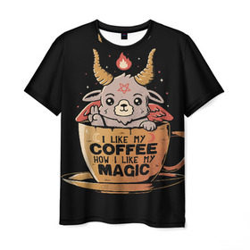 Мужская футболка 3D с принтом How I Like My Coffee , 100% полиэфир | прямой крой, круглый вырез горловины, длина до линии бедер | Тематика изображения на принте: coffee | diy | espresso | how | like | lol | my | как | кофе | лол | мой | монстрик | рога | сделай сам | сказка | эспрессо