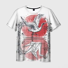Мужская футболка 3D с принтом Японская мечта , 100% полиэфир | прямой крой, круглый вырез горловины, длина до линии бедер | bird | crane | japan | sakura | tradition | travel | журавль | птица | путешествие | сакура | традиция | япония