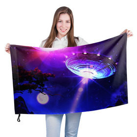 Флаг 3D с принтом НЛО , 100% полиэстер | плотность ткани — 95 г/м2, размер — 67 х 109 см. Принт наносится с одной стороны | ufo | диск | звездное небо | звезды | инопланетный | корабль | космический | космолет | космос | летающая тарелка | нло | пришельцы | футуризм | футуристика