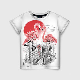 Детская футболка 3D с принтом Сад Фламинго , 100% гипоаллергенный полиэфир | прямой крой, круглый вырез горловины, длина до линии бедер, чуть спущенное плечо, ткань немного тянется | bridge | flamingo | garden | geisha | japan | pink | sakura | samurai | tradition | мост | розовый | сад | сакура | самурай | традиция | фламинго | япония