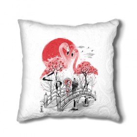 Подушка 3D с принтом Сад Фламинго , наволочка – 100% полиэстер, наполнитель – холлофайбер (легкий наполнитель, не вызывает аллергию). | состоит из подушки и наволочки. Наволочка на молнии, легко снимается для стирки | bridge | flamingo | garden | geisha | japan | pink | sakura | samurai | tradition | мост | розовый | сад | сакура | самурай | традиция | фламинго | япония