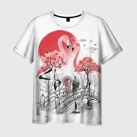 Мужская футболка 3D с принтом Сад Фламинго , 100% полиэфир | прямой крой, круглый вырез горловины, длина до линии бедер | bridge | flamingo | garden | geisha | japan | pink | sakura | samurai | tradition | мост | розовый | сад | сакура | самурай | традиция | фламинго | япония