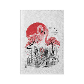 Обложка для паспорта матовая кожа с принтом Сад Фламинго , натуральная матовая кожа | размер 19,3 х 13,7 см; прозрачные пластиковые крепления | Тематика изображения на принте: bridge | flamingo | garden | geisha | japan | pink | sakura | samurai | tradition | мост | розовый | сад | сакура | самурай | традиция | фламинго | япония