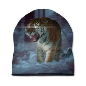Шапка 3D с принтом ТИГР В СУМЕРЕЧНОМ ЛЕСУ , 100% полиэстер | универсальный размер, печать по всей поверхности изделия | tiger | в лесу | дикая | кошка | лес | природа | тигр | тигренок | тигрица | тигры