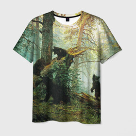 Мужская футболка 3D с принтом Утро в сосновом лесу , 100% полиэфир | прямой крой, круглый вырез горловины, длина до линии бедер | Тематика изображения на принте: живопись | искусство | картина | художники | шедевры