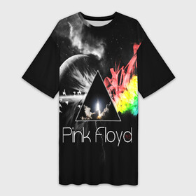 Платье-футболка 3D с принтом PINK FLOYD ,  |  | Тематика изображения на принте: music | pink floyd | the dark side of the moon | космос | луна | музыка | пинк флойд | призма | рок | треугольник | триангулярная призма
