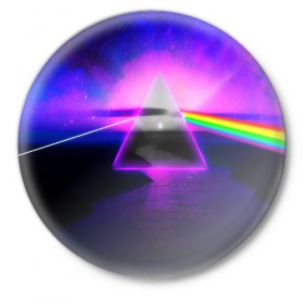 Значок с принтом PINK FLOYD ,  металл | круглая форма, металлическая застежка в виде булавки | music | pink floyd | the dark side of the moon | космос | луна | музыка | пинк флойд | призма | рок | треугольник | триангулярная призма