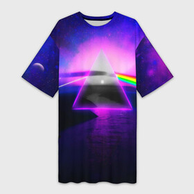 Платье-футболка 3D с принтом PINK FLOYD ,  |  | music | pink floyd | the dark side of the moon | космос | луна | музыка | пинк флойд | призма | рок | треугольник | триангулярная призма