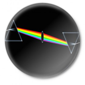 Значок с принтом PINK FLOYD ,  металл | круглая форма, металлическая застежка в виде булавки | music | pink floyd | the dark side of the moon | космос | луна | музыка | пинк флойд | призма | рок | треугольник | триангулярная призма