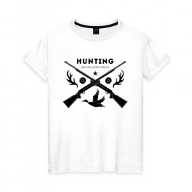 Женская футболка хлопок с принтом Hunting. Natural Born Hunter , 100% хлопок | прямой крой, круглый вырез горловины, длина до линии бедер, слегка спущенное плечо | hunter | natural born hunter | звезда | оружие | охота | охотник | птица | рога | ружье | селезень | трофей | утка | хобби