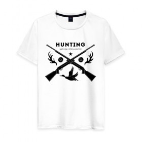 Мужская футболка хлопок с принтом Hunting. Natural Born Hunter , 100% хлопок | прямой крой, круглый вырез горловины, длина до линии бедер, слегка спущенное плечо. | Тематика изображения на принте: hunter | natural born hunter | звезда | оружие | охота | охотник | птица | рога | ружье | селезень | трофей | утка | хобби