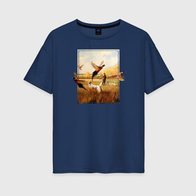 Женская футболка хлопок Oversize с принтом Охота на фазанов , 100% хлопок | свободный крой, круглый ворот, спущенный рукав, длина до линии бедер
 | живопись | осень | охота | охотник | пес | птицы | рисунок | собака | фазаны | хобби