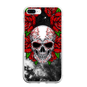 Чехол для iPhone 7Plus/8 Plus матовый с принтом Skull and Roses , Силикон | Область печати: задняя сторона чехла, без боковых панелей | Тематика изображения на принте: flowers | muertos | roses | skull | space | tribal | звезды | космос | лепестки | муэртос | розы | трайбл | цветы | череп