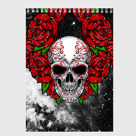 Скетчбук с принтом Skull and Roses , 100% бумага
 | 48 листов, плотность листов — 100 г/м2, плотность картонной обложки — 250 г/м2. Листы скреплены сверху удобной пружинной спиралью | Тематика изображения на принте: flowers | muertos | roses | skull | space | tribal | звезды | космос | лепестки | муэртос | розы | трайбл | цветы | череп