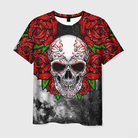 Мужская футболка 3D с принтом Skull and Roses , 100% полиэфир | прямой крой, круглый вырез горловины, длина до линии бедер | Тематика изображения на принте: flowers | muertos | roses | skull | space | tribal | звезды | космос | лепестки | муэртос | розы | трайбл | цветы | череп