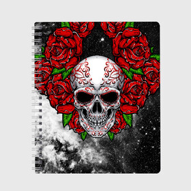 Тетрадь с принтом Skull and Roses , 100% бумага | 48 листов, плотность листов — 60 г/м2, плотность картонной обложки — 250 г/м2. Листы скреплены сбоку удобной пружинной спиралью. Уголки страниц и обложки скругленные. Цвет линий — светло-серый
 | Тематика изображения на принте: flowers | muertos | roses | skull | space | tribal | звезды | космос | лепестки | муэртос | розы | трайбл | цветы | череп