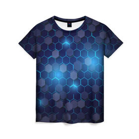 Женская футболка 3D с принтом Синие соты в неоне , 100% полиэфир ( синтетическое хлопкоподобное полотно) | прямой крой, круглый вырез горловины, длина до линии бедер | неон | неоновые соты | синие соты | соты