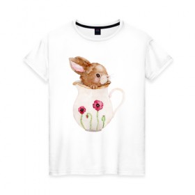 Женская футболка хлопок с принтом Зайчик в вазочке , 100% хлопок | прямой крой, круглый вырез горловины, длина до линии бедер, слегка спущенное плечо | ваза | заяц | кролик | розовая | цветы