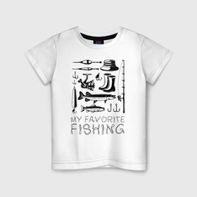 Детская футболка хлопок с принтом Моя любимая рыбалка , 100% хлопок | круглый вырез горловины, полуприлегающий силуэт, длина до линии бедер | Тематика изображения на принте: cap | coil | fishing | fishing line | float | hook | pike | spinning | spoon | trout | wellingtons | блесна | катушка | крючок | леска | поплавок | рыбалка | сапоги | спиннинг | форель | шляпа | щука