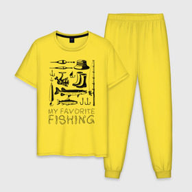 Мужская пижама хлопок с принтом Моя любимая рыбалка , 100% хлопок | брюки и футболка прямого кроя, без карманов, на брюках мягкая резинка на поясе и по низу штанин
 | Тематика изображения на принте: cap | coil | fishing | fishing line | float | hook | pike | spinning | spoon | trout | wellingtons | блесна | катушка | крючок | леска | поплавок | рыбалка | сапоги | спиннинг | форель | шляпа | щука