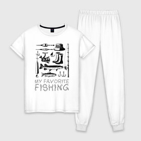 Женская пижама хлопок с принтом Моя любимая рыбалка , 100% хлопок | брюки и футболка прямого кроя, без карманов, на брюках мягкая резинка на поясе и по низу штанин | cap | coil | fishing | fishing line | float | hook | pike | spinning | spoon | trout | wellingtons | блесна | катушка | крючок | леска | поплавок | рыбалка | сапоги | спиннинг | форель | шляпа | щука