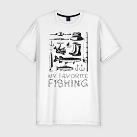 Мужская футболка премиум с принтом Моя любимая рыбалка , 92% хлопок, 8% лайкра | приталенный силуэт, круглый вырез ворота, длина до линии бедра, короткий рукав | cap | coil | fishing | fishing line | float | hook | pike | spinning | spoon | trout | wellingtons | блесна | катушка | крючок | леска | поплавок | рыбалка | сапоги | спиннинг | форель | шляпа | щука