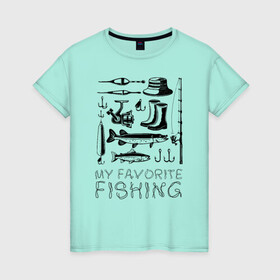 Женская футболка хлопок с принтом Моя любимая рыбалка , 100% хлопок | прямой крой, круглый вырез горловины, длина до линии бедер, слегка спущенное плечо | cap | coil | fishing | fishing line | float | hook | pike | spinning | spoon | trout | wellingtons | блесна | катушка | крючок | леска | поплавок | рыбалка | сапоги | спиннинг | форель | шляпа | щука