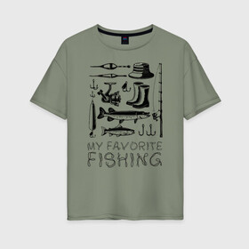 Женская футболка хлопок Oversize с принтом Моя любимая рыбалка , 100% хлопок | свободный крой, круглый ворот, спущенный рукав, длина до линии бедер
 | cap | coil | fishing | fishing line | float | hook | pike | spinning | spoon | trout | wellingtons | блесна | катушка | крючок | леска | поплавок | рыбалка | сапоги | спиннинг | форель | шляпа | щука